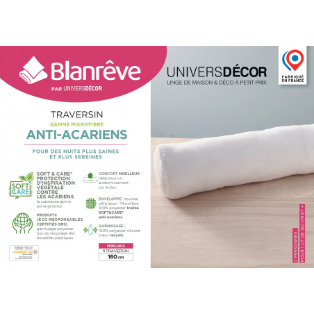 Polochon lit 160 x 200 cm Gamme Microfibre "Douceur" traité Anti Acarien Soft & care Blanrêve
