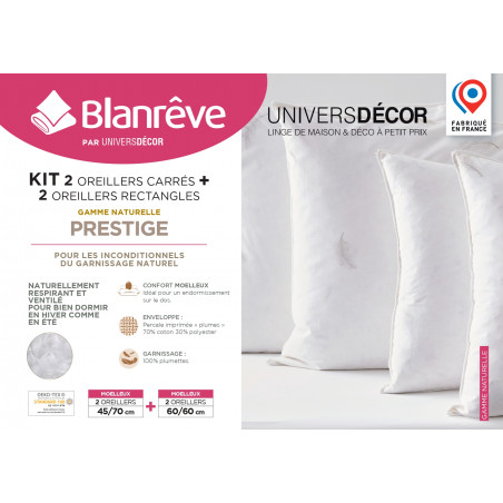Lot de 4 oreillers 2 x 60 x 60 + 2 x 45 x 70 cm Gamme Naturelle "Prestige" plumes véritables Blanrêve