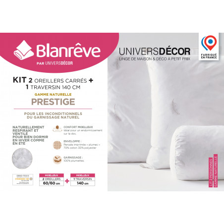 Polochon pour lit 140 + 2 Oreillers 60 x 60 Gamme Naturelle "Prestige" plumes véritables confort moelleux Blanrêve