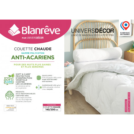 Couette très chaude 140 x 200 cm Gamme Polycoton "Confort" traité Anti Acarien Soft & care