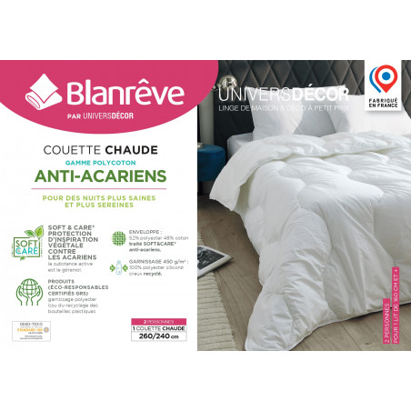 Couette très chaude 260 x 240 cm Gamme Polycoton "Confort" traité Anti Acarien Soft & care