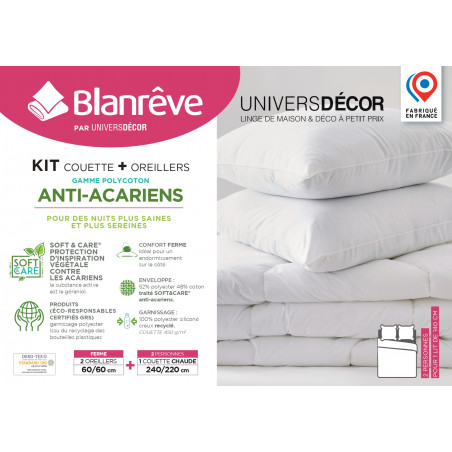 Pack Couette très chaude 240 x 220 + 2 Oreillers 60 x 60 Polycoton "Confort" traité Anti Acarien Soft & care