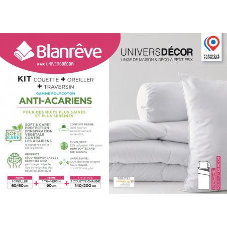 Pack Couette très chaude 140 x 200 + Oreiller 60 x 60 + Polochon 90 Polycoton "Confort" traité Anti Acarien Soft & care