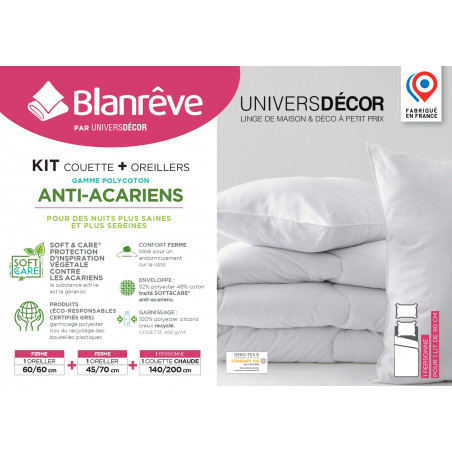 Pack Couette très chaude 140 x 200 + Oreiller 60 x 60 + Oreiller 45 x 70 Polycoton "Confort" traité Anti Acarien Soft & care