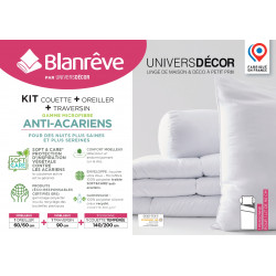 Pack Couette 140 x 200 cm + oreiller 60 x 60 + polochon 90 Gamme Microfibre "Douceur" traité Anti Acarien Soft & care