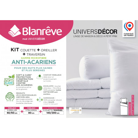 Pack Couette 140 x 200 cm + oreiller 60 x 60 + polochon 90 Gamme Microfibre "Douceur" traité Anti Acarien Soft & care