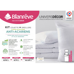 Pack Couette 140 x 200 cm + oreiller 60 x 60 + oreiller 45 x 70 Gamme Microfibre "Douceur" traité Anti Acarien Soft & care